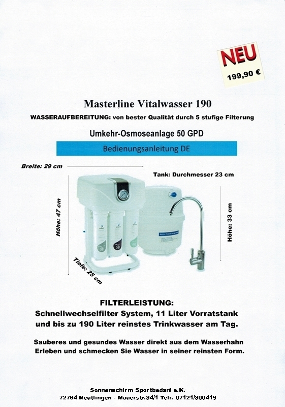 Masterline Vitalwasser Osmose Filteranlage 190
